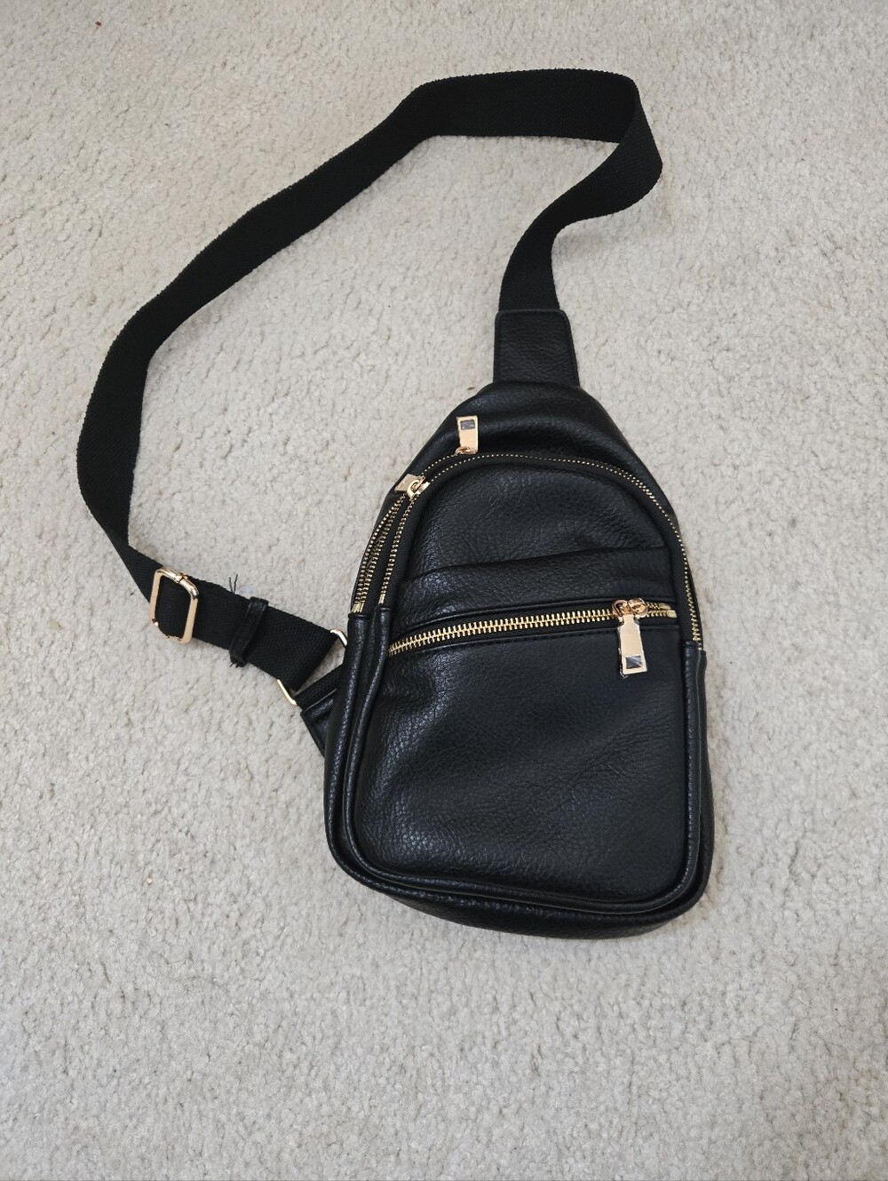 Black Leather Crossbody Sling Bag with Gold Hardware